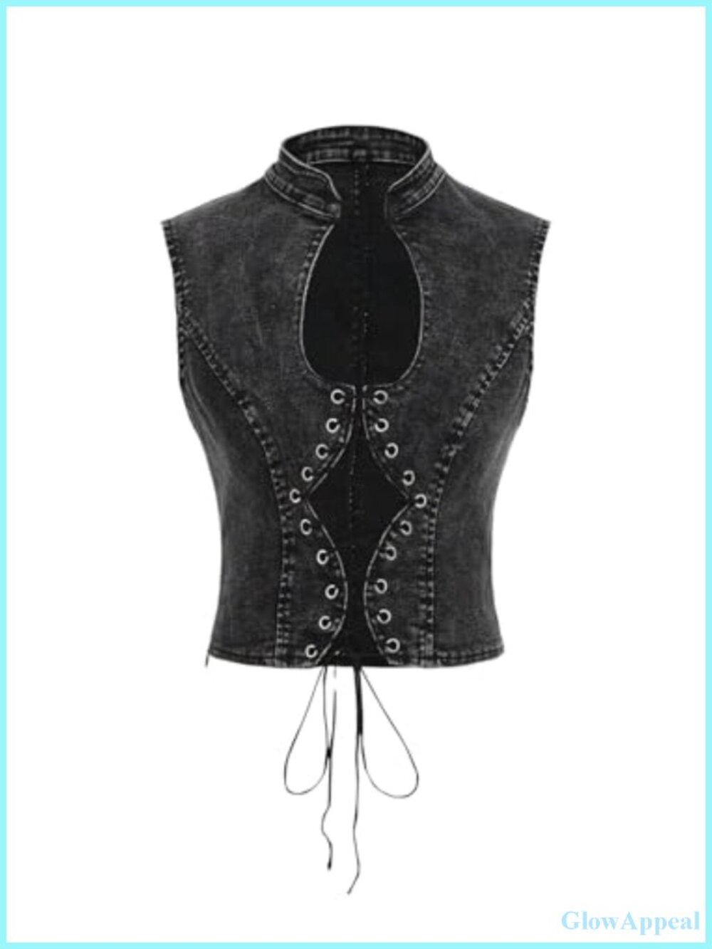 Women's Cut Out Lace Up Denim Tank Top Mock Neck Sleeveless Crop Top